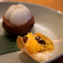 Sweet Thai wafers with persimmons and egg noodles Nahm Bangkok